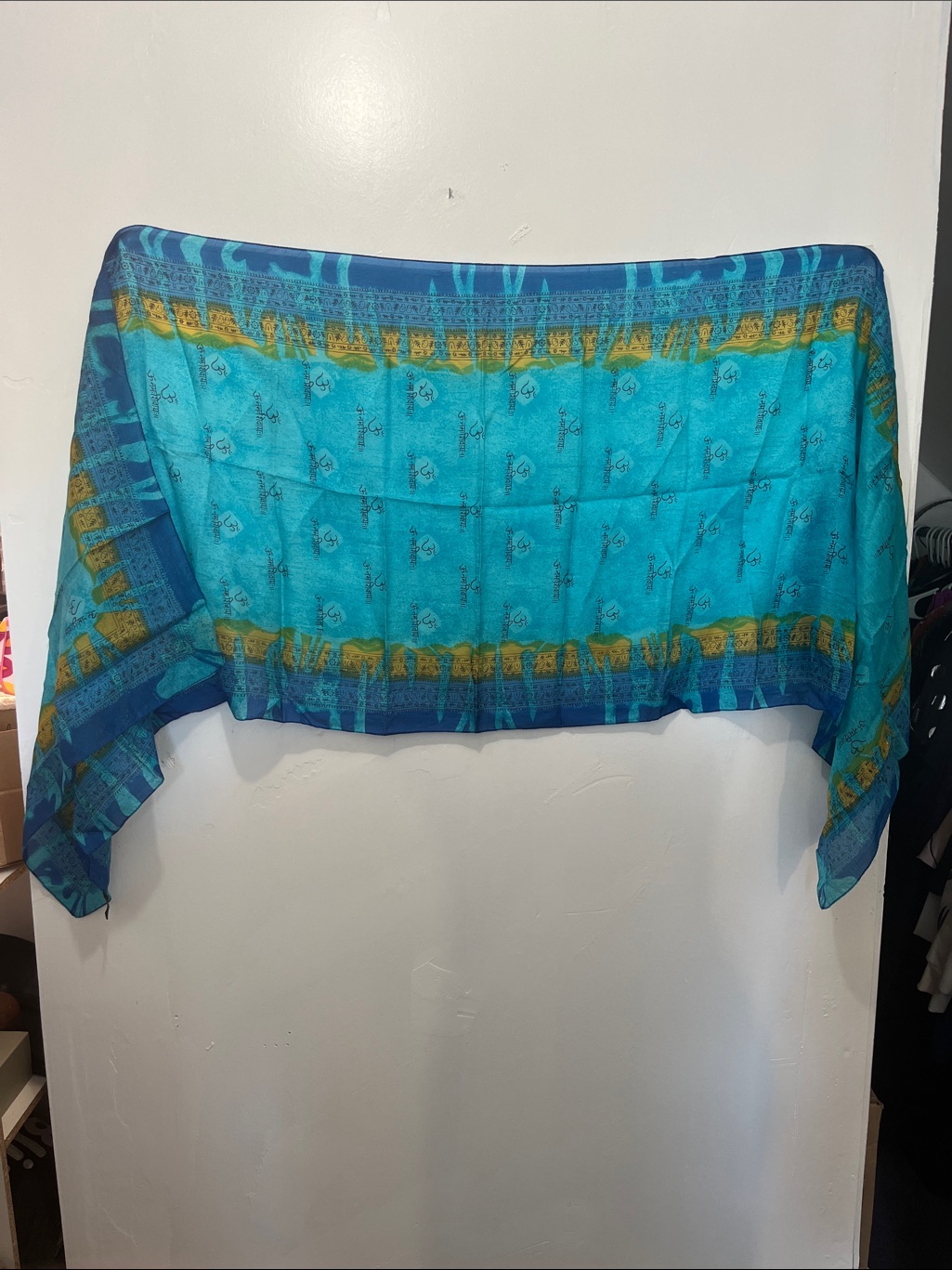 Yves Saint Laurent Turquoise And Blue Silk Scarf With Yellow Accents